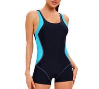 Yruioon Damen Surfanzug Badeanzug mit Bein Einteiler Rashguard Sport Bademode Surfen Schwimmanzug UV Schutz Badebekleidung A Schwarz Blau 3XL