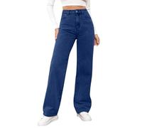 YSFWL Straight Leg Jeans Damen,Mittlere Taille Hüftjeans Dunkle Waschung Denimjean Y2k Clothes Straight-Fit Hosen Lose Fit Pants Gerade Geschnitten Jeanshosen Freizeithose mit Taschen(#B Dark Blue,L)