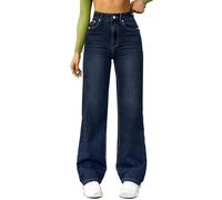 YSFWL Straight Leg Jeans Damen,Mittlere Taille Hüftjeans Dunkle Waschung Denimjean Y2k Clothes Straight-Fit Hosen Lose Fit Pants Gerade Geschnitten Jeanshosen Freizeithose mit Taschen(#C Dark Blue,M)