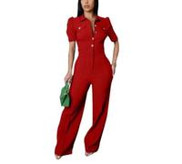 YSINTL Damen Mode Sexy Elegant Hohe Taille Weites Bein Hosen Club Business Party Knopf Jumpsuit, 4463/Weinrot, Large
