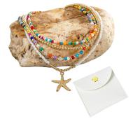 YSJCHEBS 1 Bunte Perlenkette Und 1 Schmuckbeutel, Mehrlagige Halskette, Boho-Halskette, Vintage-Halskette, Halskette Mit Anhänger