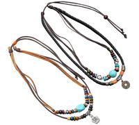 YSJCHEBS 2 Stück Vintage-Perlen-Halskette, Mehrschichtige Halskette aus Wachsfaden, Holzperlen und PU-Leder, Boho-Halskette mit Klippverschluss, Längenverstellbar von 40 bis 70 cm, Unisex