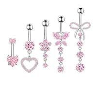 YSJCHEBS 5 Stück Bauchnabelpiercing Aus Rosa Zirkonium, Bauchnabelpiercing, Schmetterlings-Bauchstraffungsstab, Rosa Bauchnabelstab, Bauchnabelpiercing-Set, Bauchnabelring, Hängender Bauchnabelring