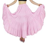 YSJERA Damen Baumwolle 5-stöckig A Linie Plissee Maxi Rock Lang Boho -Tanz Röcke - Pink - S/L