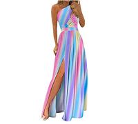 YSpoe Abendkleid Damen Kleider Sexy One Shoulder Partykleid mit Aushöhlen Regenbogen Druck Bodenlanges Langes Maxi Cocktailkleid Ballkleid mit hohem Schlitz Swingkleid mit Empire Taille, Mehrfarbig,M