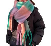 YsRoad Schal Damen Winter - Kuschelig Weich, Kaschmir-Imitat, Einfarbig/Kariert, XXL Deckenschal mit Fransen, 230x35cm,28-Grün-Rosa kariert