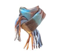 YsRoad Schal Damen Winter - Kuschelig Weich, Kaschmir-Imitat, Einfarbig/Kariert, XXL Deckenschal mit Fransen, 230x35cm,29-Blau und braun kariert