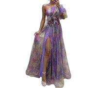 YTGHBIML S, M, L, XL Maxikleid Einzigartiges Damen-Maxikleid mit Langen Ärmeln, schulterfrei, Netzstoff, 3D-Blumen, figurbetont, modisches langes Kleid