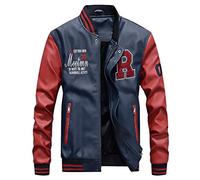 YuanDian Herren Kunstleder Baseball College Jacke Herbst Winter Casual Stehkragen Stickerei Vintage Bomber Piloten Jacke Mäntel Fliegerjacke übergangsjacke Blouson Lederimitat Saphir + Rot 4XL