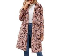 YuanDiann Damen Lange Leopard Kunstfell Mantel Herbst Winter Casual Mode Warm Revers Elegant Fellimitat Mäntel Parka Leopardenmuster Kunstpelz Jacke Rosa L