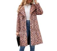 YuanDiann Damen Leopard Kunstfell Mantel Herbst Winter Casual Mode Warm Revers Elegant Fellimitat Lange Mantel Leopardenmuster Kunstpelz Jacke Rosa L
