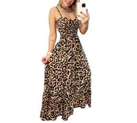 YuanDiann Damen Leoparden Kleid Sommer Casual Strand Straps A Linie Lang Kleider ärmellose Hohe Taille Rückenfrei V-Ausschnitt Leo Swing Max Strandkleid Gelb M