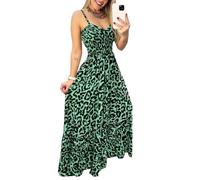 YuanDiann Damen Leoparden Kleid Sommer Casual Strand Straps A Linie Lang Kleider ärmellose Hohe Taille Rückenfrei V-Ausschnitt Leo Swing Max Strandkleid Grün M