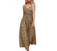 YuanDiann Damen Leoparden Lang Kleid Sommer Casual Strand Straps A Linie Swing Kleider Hohe Taille Rückenfrei ärmellose V-Ausschnitt Leo Max Strandkleid Gelb XL