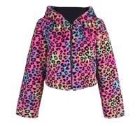 YuanDiann Damen Leopardenmuster Kunstpelz Kurz Mantel mit Kapuze Herbst Winter Warm Kunstfell Jacke Casual Mode Leopard Fellimitat Mantel Bunt L