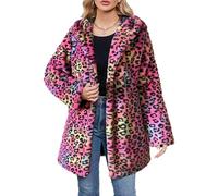 YuanDiann Damen Leopardenmuster Kunstpelz Mantel mit Kapuze Herbst Winter Warm Lose Mid LAN Kunstfell Jacke Casual Mode Warm Fellimitat Leopard Mantel Bunt 3XL