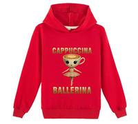 YuanDiann Kinder Ballerina Cappuccina Hoodie Italian Brainrot Drucken Jungen Mädchen Herbst Winter Kapuzenpullover Sport Casual Sweatshirt mit Kapuzen Rot 110