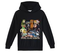 YuanDiann Kinder Italian Brainrot Hoodie Tung Tung Tung Sahur Tralarero Tralala Drucken Jungen Mädchen Sweatshirt mit Kapuzen Sport Casual Kapuzenpullover Schwarz 120