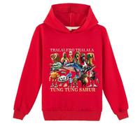YuanDiann Kinder Italian Brainrot Kapuzenpullover Tung Tung Sahur Tralarero Tralala Hai Drucken Sweatshirt mit Kapuzen Jungen und Mädchen Hoodies Geschenk Rot 130