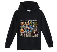 YuanDiann Kinder Italian Brainrot Kapuzenpullover Tung Tung Sahur Tralarero Tralala Hai Drucken Sweatshirt mit Kapuzen Jungen und Mädchen Hoodies Geschenk Schwarz 140