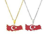 YUANYIRAN Türkei Karte Flagge Anhänger Halskette - Tropföl Karte Geometrischen Ethno-Stil Unisex Paar Schlüsselbeinkette Patriotische Flagge Hip Hop Charm Schmuck Für Modegeschenk,Silber,50Cm/19