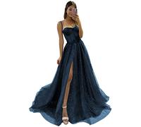 YUAOHUANG Glitzerndes Tüll-Abschlussballkleid, lang, 2025, 3D-Spitze, Blumenapplikationen, Ballkleid, formelles Kleid für Abendkleid, Hochzeit, Schlitz, Marineblau, 34