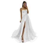 YUAOHUANG Glitzerndes Tüll-Abschlussballkleid, lang, 2025, 3D-Spitze, Blumenapplikationen, Ballkleid, formelles Kleid für Abendkleid, Hochzeit, Schlitz, Weiss/opulenter Garten, 44