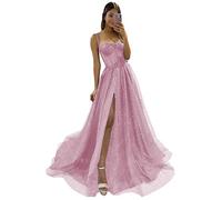 YUAOHUANG Glitzerndes Tüll-Abschlussballkleid, lang, 2025, 3D-Spitze, Blumenapplikationen, Ballkleid, formelles Kleid für Abendkleid, Hochzeit, Schlitz, rosa - dusty pink, 34