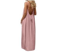 Yubenhong Damen Rückenfreies Kleid Sommerkleid Damen Leicht U Ausschnitt Cami Kleid Maxikleid Sommer Bohemian Strandkleid Lang Rückenfrei Verstellbarer Kordelzug Trägerkleid Blumen Langarm (S)