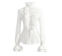 Yubenhong Damen Viktorianische Bluse Vintage Schleifenhemd Stehkragen mit Rüschen Langarmshirt Mittelalter Bluse (White, XL)