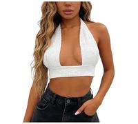 Yubenhong Glitzer Oberteil Damen Pailletten Sexy Deep V Kette Ärmellos Backless Metall Damen Tanktop Weste mit metallischen Trägertop Sequin Crop Top Nachtclub Karneval Party Sweatshirt (White, L)