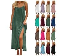Yubenhong Rückenfreies Kleid Damen Sommerkleid Ärmellos Strandkleid Damen Leicht Trägerkleid mit Schlitz Bohemian Rückenfrei Spaghetti Sommerkleider mit Kordelzug Maxikleid Sommer (J-Dark Green, XXL)