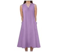 Yubenhong Sommerkleider Damen Leicht Und Luftig Leinen Kleider Damen Sommer Blusenkleid Ohne Ärmel Mit Taschen Sommerkleid Midikleid Mode Einfarbig Kleid Leinenkleid Sommerkleider (ZJ2-Purple, XL)
