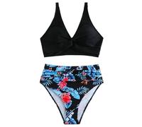 YUECIBAI Bikini Badeanzug Damen Druck V-Ausschnitt Bikini-Sets Twist Front Top Hohe Taille Höschen Badeanzug Zweiteiliges Set Damen Bademode Beach Wear XL