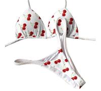YUECIBAI Bikini Badeanzug Damen Print Badeanzug Frauen Badeanzug Print Bikini Set Cherry Print Tanga Badeanzug Sexy High Für Frauen M Weiß