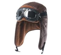 YUECIBAI Fliegermützen Herren Winter Bomber Hut Mit Schutzbrille Outdoor Motorrad Wind Dicht Warm Pilot Ohrlappen Hut Leder Thermische Brown Withbrille