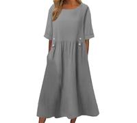 YUECIBAI Hübsche Kleid Kleider Dress Elegantes Damen Kleid In Mittlerer Länge Doppel Taschen Mit Knöpfen Dekoration Kurzarm Kleid XL Grau