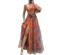 YUECIBAI Hübsche Kleid Kleider Dress Elegantes Frauen Abendkleid Mit Einer Schulter Geschichteter Krawatten Farbe Blumen Druck Rose Mesh Split Hem Ballkleid Kleid S Orange
