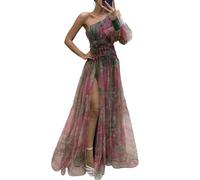 YUECIBAI Hübsche Kleid Kleider Dress Elegantes Frauen Abendkleid Mit Einer Schulter Geschichteter Krawatten Farbstoff Blumen Druck Rose Mesh Split Hem Ballkleid Kleid XL Rot