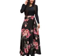 YUECIBAI Hübsche Kleid Kleider Dress Frauen Kleid Blume Leopard Print Patchwork Langarm Große Schaukel Maxi Kleid Gewand Elegantes Kleid Damen XXXL Schwarz