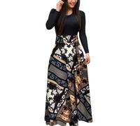 YUECIBAI Hübsche Kleid Kleider Dress Frauen Kleid Blume Leopard Print Patchwork Langarm Große Schaukel Maxi Kleid Gewand Elegantes Kleid Damen XXXL Schwarz Weiß