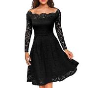 YUECIBAI Hübsche Kleid Kleider Dress Kleid Frauen A-Linie Hohle Spitze Aus Schulter Lange Ärmel Eng Taille Party Midi Kleid XL Schwarz