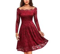 YUECIBAI Hübsche Kleid Kleider Dress Kleid Frauen A-Linie Hohle Spitze Aus Schulter Lange Ärmel Eng Taille Party Midi Kleid XXXL WineRed