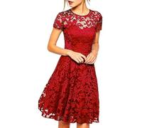 YUECIBAI Hübsche Kleid Kleider Dress Kleid Mit Kurzen Ärmeln Spitze Frauen Kleid Durchsichtigen Hohlen Großen Saum Rundhals Ausschnitt A-Linie Prom Kleid L Rot