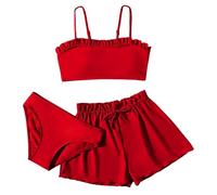 YueYue 3 Stück Mädchen Bikini Sets Badeanzug Kinder 50 UPF UV Sonnenschutz Bademode Teenager Schwimmanzug Rückenfrei Top+Triangel Bikinihose+Shorts Elastischer Bund mit Kordelzug für 8-16 Jahre