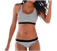 YueYue Bikini Damen Set U Ausschnitt Tank Sport Bikini Crossback Crop Top mit Low Waist Wickeloptik Unterteil Gestreifter Druck Badeanzüge Bademode Zweiteiliger Badeanzug Swimsuit Blau Tank Top (M)