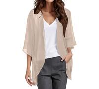 YueYue Damen Sommer Chiffon Kimono Cardigan Leicht Casual 3/4 Ärmel Beachwear Bikini Cover Up Strickjacke Einfarbige Lang Sommerjacke Strand Shawl Bluse Oberteil Tops Offene Front Jacke (2-Khaki, M)
