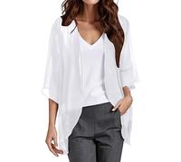 YueYue Damen Sommer Chiffon Kimono Cardigan Leicht Casual 3/4 Ärmel Beachwear Bikini Cover Up Strickjacke Einfarbige Lang Sommerjacke Strand Shawl Bluse Oberteil Tops Offene Front Jacke (5-White, L)