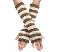 YueYue Lange Armstulpen Thermo Gestrickte Y2k Streifen Fingerlose Handschuhe Warm Winterhandschuhe Dehnbar Handstulpen Weiche Pulswärmer mit Daumenloch Über für Damen (Khaki)