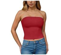 YueYue Schulterfrei Tube Top Damen Bandeau Top Y2K Slim Fit Crop Tops Sexy Sommer Tops Doppelt Gefüttert Cami Tanktops Basic Einfarbig Schulterfrei Shirts Elegant Oberteile Stretch Shirt (Red, XS)